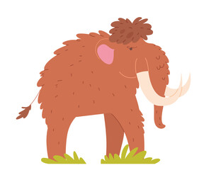 Mammoth in Stone Age picture. Prehistoric ancient history vector illustration. Big animal with hair, legs, tail, tusks standing in grass. Horizontal side scene on white background