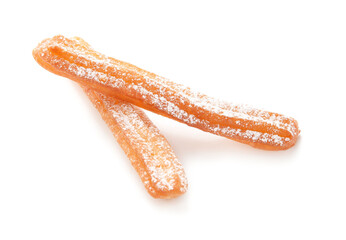 Tasty churros on white background
