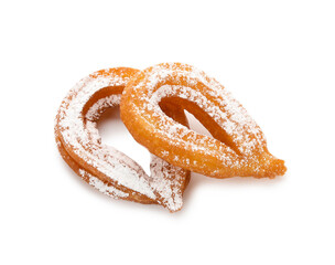 Tasty churros on white background