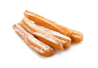 Tasty churros on white background