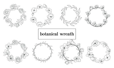 Set of floral wreaths. Botanical bouquet. Botanical flower wreath. Black and white floral illustration. Flower sketch composition