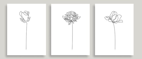 Flowers One Line Drawings Set. Continuous Line of Simple Flowers Illustrations. Abstract Contemporary Botanical Design Template for Minimalist Covers, t-Shirt Print, Postcard, Banner. Vector EPS 10.