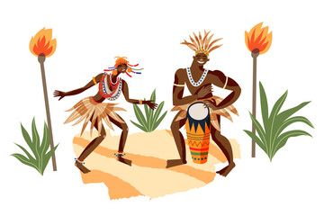 African tribal people playing music and dancing. Man and woman performing with drums in tribe vector illustration. Girl and guys with instrument. Traditional elements and ceremony