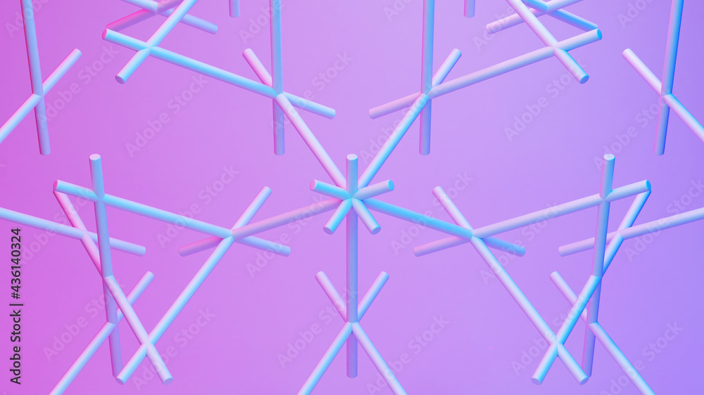 Poster scientific or technology abstractions with canes, sticks or rods flying in surreal symmetric structu