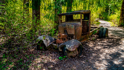 The remains of a Vintage Truck Wreck hidden in the forest surrounding Alta Lake near Whistler, British Columbia, Canada