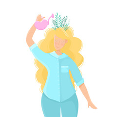Blonde young woman in turquoise shirt, with leaves on her head, holding a watering can over herself. Mental health, to take care of yourself or self-development concept, isolated on white background