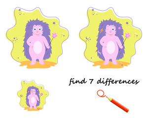 find the differences, a cartoon hedgehog with a magic wand. vector isolated on a white background
