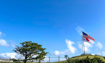 星条旗と日本の国旗が掲げられた晴天の日の画像