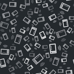 Grey Smart microwave oven system icon isolated seamless pattern on black background. Home appliances icon. Internet of things concept with wireless connection. Vector
