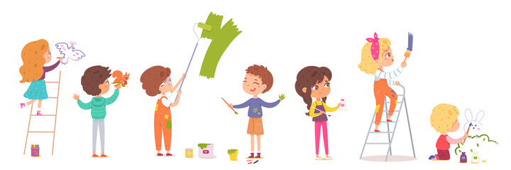Kids painting wall set. Little children doing creative art with paints, colours, pencils, brushes vector illustration. Group of happy girls and boys drawing on white background
