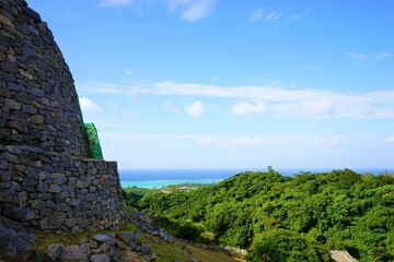 Fototapeta na wymiar Aerial view of Nakijinjo castle ruins and the stone wall in Okinawa, Japan - 日本 沖縄 今帰仁城跡 城壁