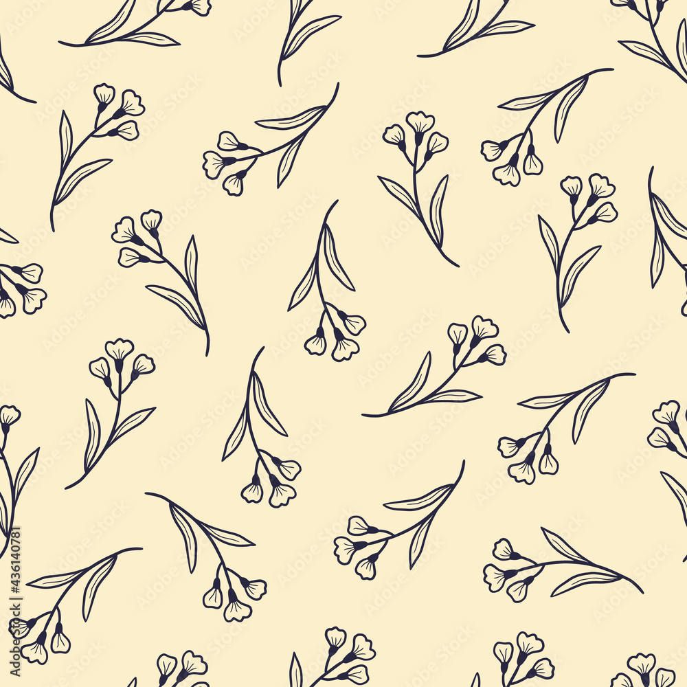 Aufkleber Hand drawn seamless floral pattern with simple little flower branch. Doodle sketch line style. Vector illustration for nature foliage wallpaper, background, textile design..