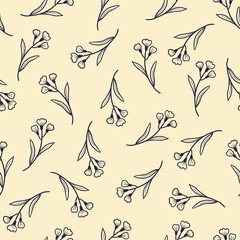 Hand drawn seamless floral pattern with simple little flower branch. Doodle sketch line style. Vector illustration for nature foliage wallpaper, background, textile design..