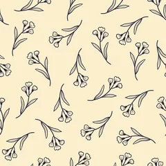 Papier peint Beige Motif floral harmonieux dessiné à la main avec une simple petite branche de fleur. Style de ligne de croquis Doodle. Illustration vectorielle pour fond d& 39 écran nature feuillage, arrière-plan, design textile ..