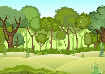 Summer forest landscape. Light foggy thickets. Dense foliage. Hills meadow at the edge. View of green trees. Cartoon flat style. Nature illustration. Vector