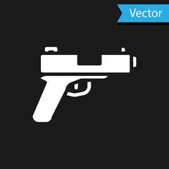 White Pistol or gun icon isolated on black background. Police or military handgun. Small firearm. Vector