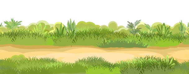 Obraz premium Rural road to Green Glade. Summer meadow. Trail. Juicy grass close up. Grassland. Country trip. Isolated. Cartoon style. Flat design. Seamless illustration vector art