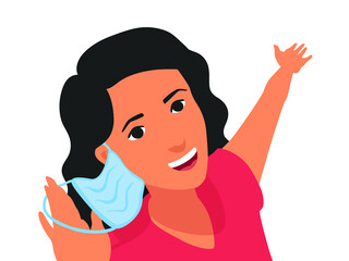 A girl takes off, removes a protective medical mask, showing something by her hand, smiling. The end of coronavirus pandemic. After a vaccination. A vector cartoon illustration.