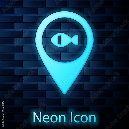Download Glowing Neon Location Fishing Icon Isolated On Brick Wall Background Fishing Place Vector Canvas ...