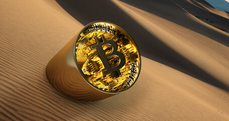bitcoin in the desert sticking out of the dune, 4k image 300ppi,