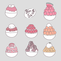 Bingsu, snow ice with fruits illustration