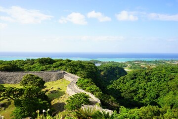 Fototapeta na wymiar Aerial view of Nakijinjo castle ruins and the stone wall in Okinawa, Japan - 日本 沖縄 今帰仁城跡 城壁