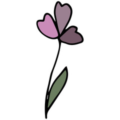 Doodle pink flower hand-drawn and green leaf. Black outline. White background. Vector image. Floral design for greeting cards, for accessories. Baby style and cartoon style element.
