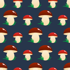 Forest mushrooms with green grass cute cartoon style vector seamless pattern background.
