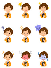 スマートフォンを操作する女性の表情のイラストセット
