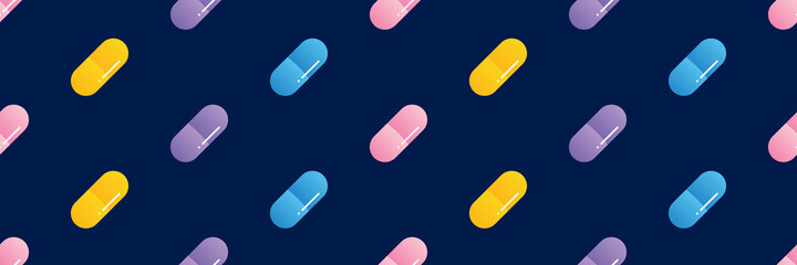 Wide horizontal vector seamless pattern background with colorful  pills, medications, food supplements.