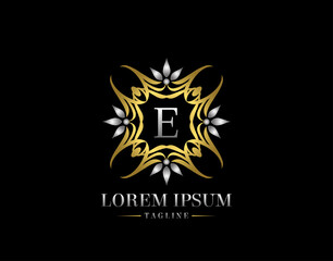  Letter E Golden Luxury Badge Logo Design. Graceful Ornate Icon Vector Design.