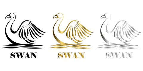 three color black gold silver line art Vector illustration on a white background of a swan Suitable for making logo