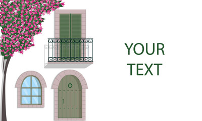 Banner template with Mediterranean house and tree