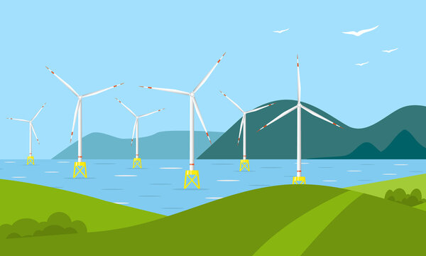 Banner with windmills at sea. Offshore wind farm
