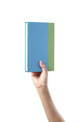 Hand holding pastel book on white background