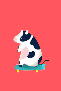happy cow cartoon playing surf skate