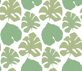 Simple pattern with green silhouettes of monstera and liana leaves on white background. Tropical texture. Wallpaper with jungle foliage. Vector texture of rainforest