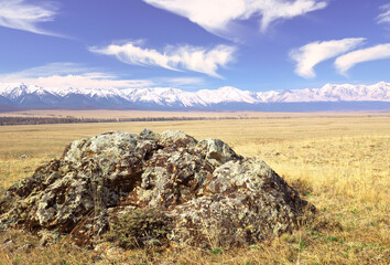 The North-Chui range in the Altai Mountains. A rocky cliff in the Kurai steppe, snow-capped mountains in the distance under a blue sky. Pure Nature of Siberia, Russia