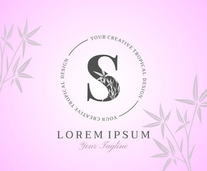 Feminine Letter S Logo with Bamboo Leaves Texture Design Logo Icon. Creative Tropical Beauty Alphabetical Nature Logo Template.