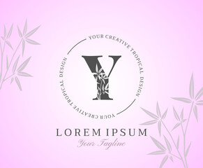 Feminine Letter Y Logo with Bamboo Leaves Texture Design Logo Icon. Creative Tropical Beauty Alphabetical Nature Logo Template.