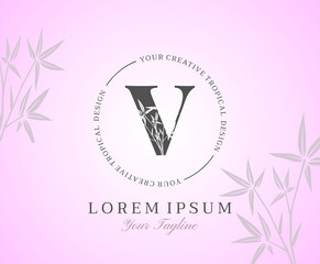 Feminine Letter V Logo with Bamboo Leaves Texture Design Logo Icon. Creative Tropical Beauty Alphabetical Nature Logo Template.