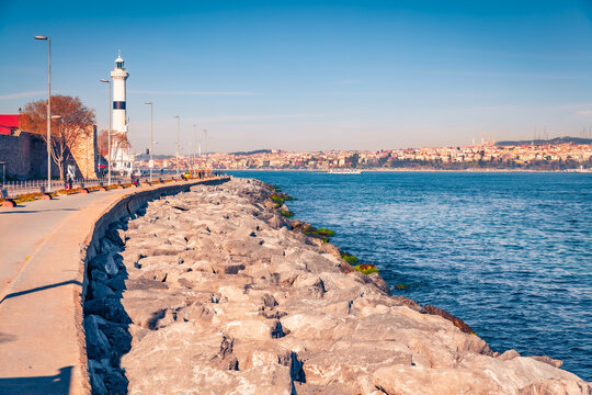 Bright Spring View Of Empty Quay On Bosporus River. Picturesque Spring Cityscape Of Istanbul, Turkey, Europe. Traveling Concept Background.