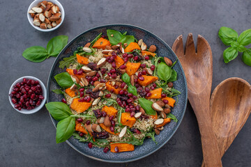 healthy home made couscous salad with sweet potato, beetroot and feta cheese