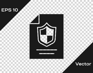 Black Contract with shield icon isolated on transparent background. Insurance concept. Security, safety, protection, protect concept. Vector.