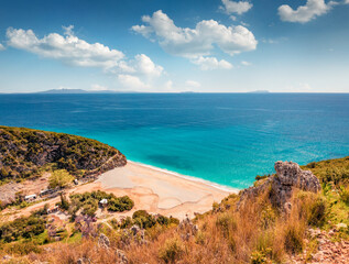 Fototapeta premium Colorful spring view of Gjipe Beach. Aerial morning scene of Albania, Europe. Sunny seascape of Adriatic sea. Beauty of nature concept background..