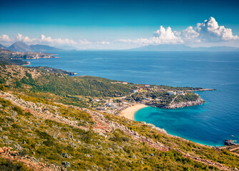 Fototapeta premium Aeril spring view of Jale Baech. Wonderful morning scene of Albania, Europe. Picturesque summer seascape of Adriatic sea. Traveling concept background..
