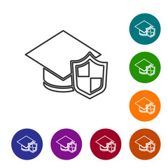 Black line Graduation cap with shield icon isolated on white background. Insurance concept. Security, safety, protection, protect concept. Set icons in color circle buttons. Vector.