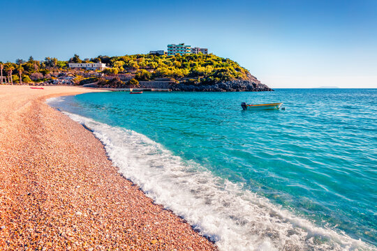 Splendid spring view of empty Jale Baech. Charming morning scene of Albania, Europe. Attractive summer seascape of Adriatic sea. Traveling concept background.