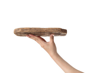 Chef holding wooden cuttingboard on white background