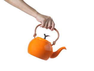 Hand holding tea kettle on white background